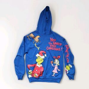 Dr Seuss The Grinch Hoodie Womens XS Blue Graphic Print Hooded Sweatshirt GUC